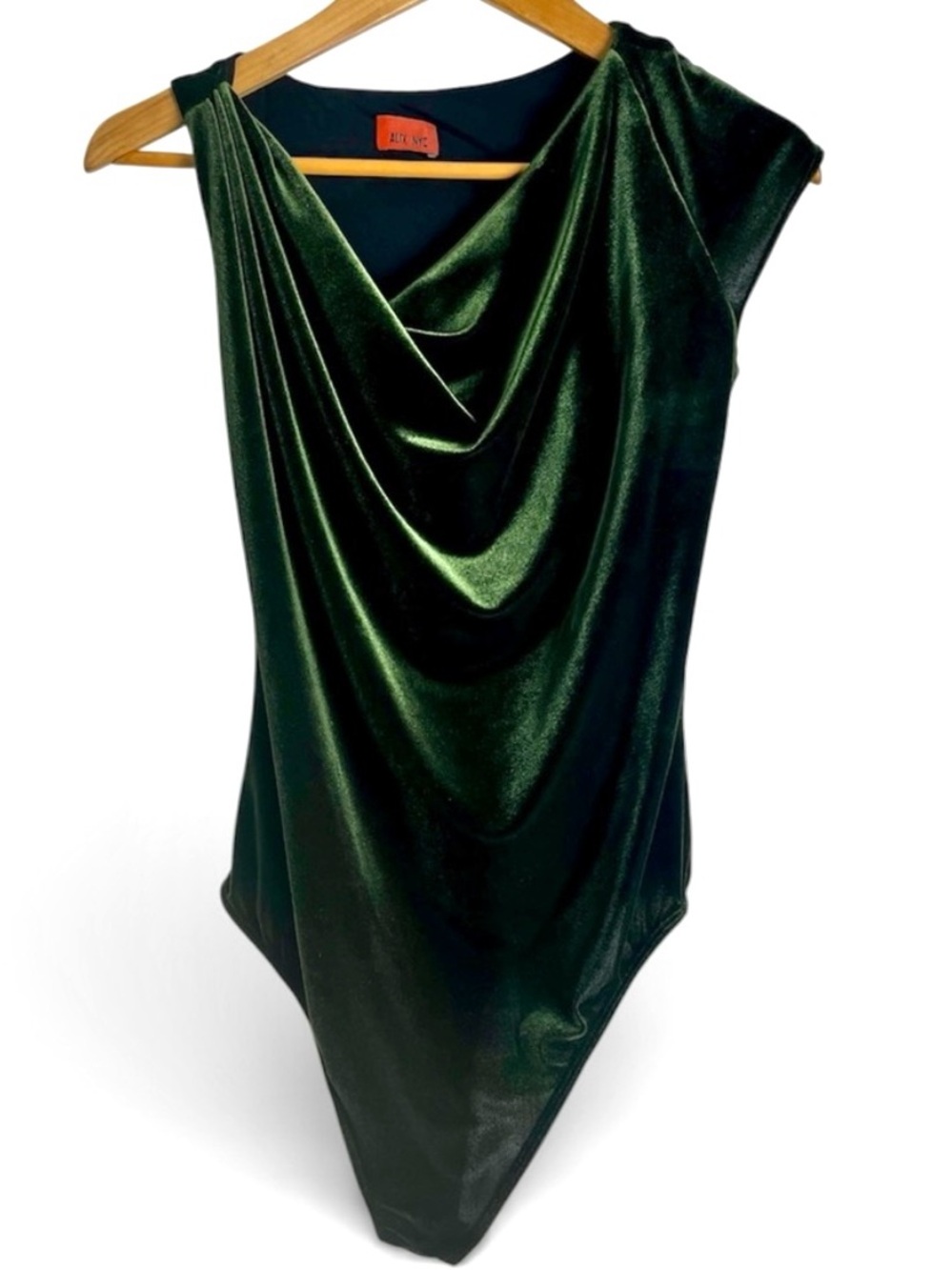 ALIX NYC Velvet Bodysuit Moss Green Asymmetrical Draped One Shoulder Size L